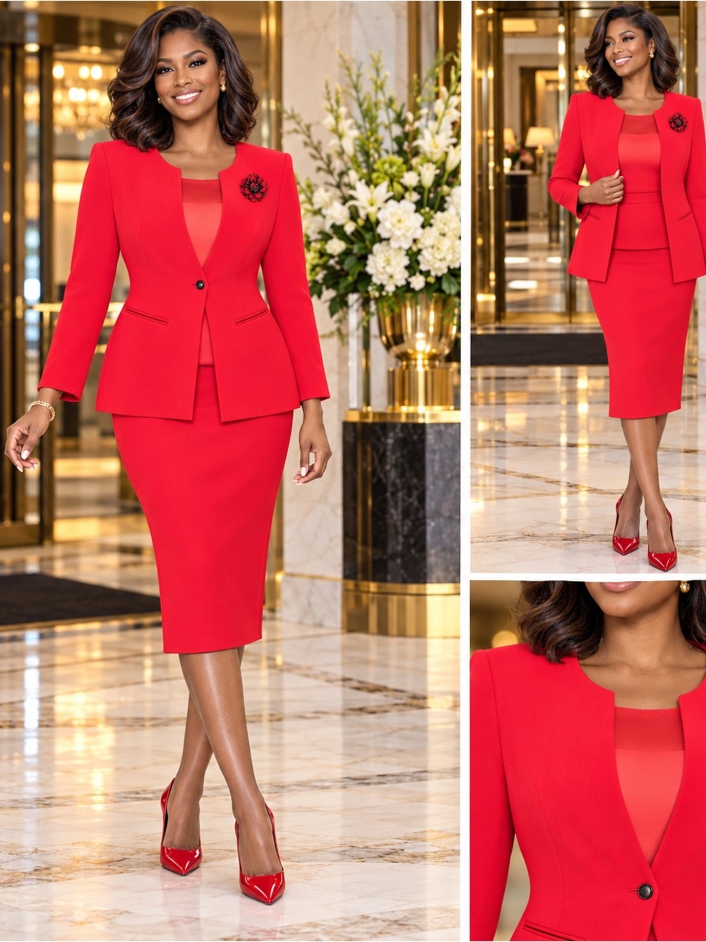 Elegant Red Women's Skirt 3Piece Set - Classic Suit